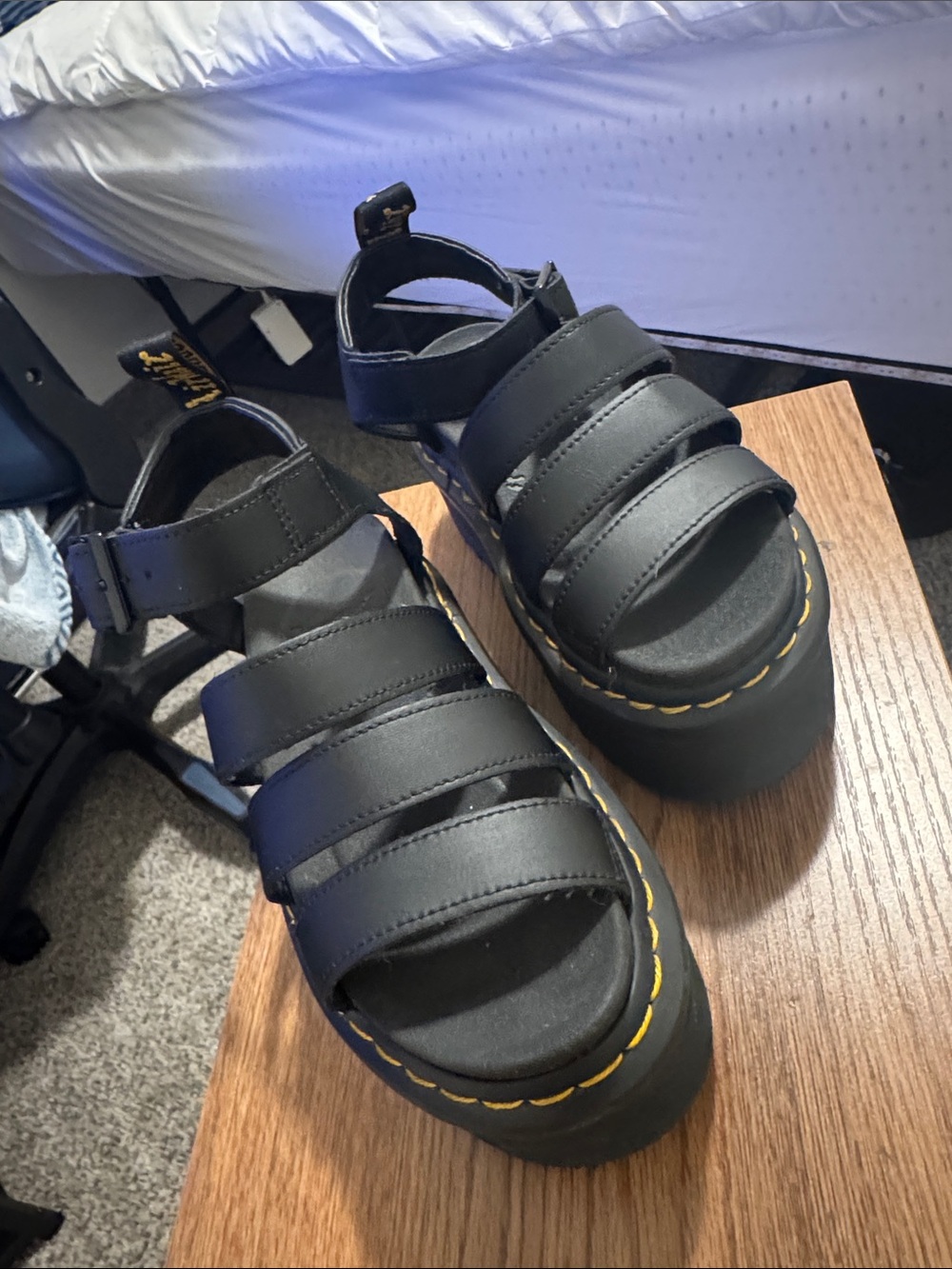 Dr. Martens Blaire Quad Platform Sandals in Black Leather with Yellow Stitch
